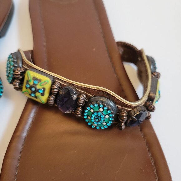 Vintage-Inspired Embellished Brown Sandals With Turquoise & Yellow Accents Size - Picture 4 of 6